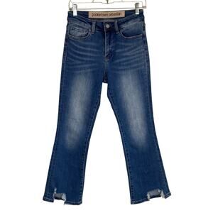 Pookie & Sebastian 26 Kick Flare Jeans Mid Blue Stretchy Distressed Chewed Hem